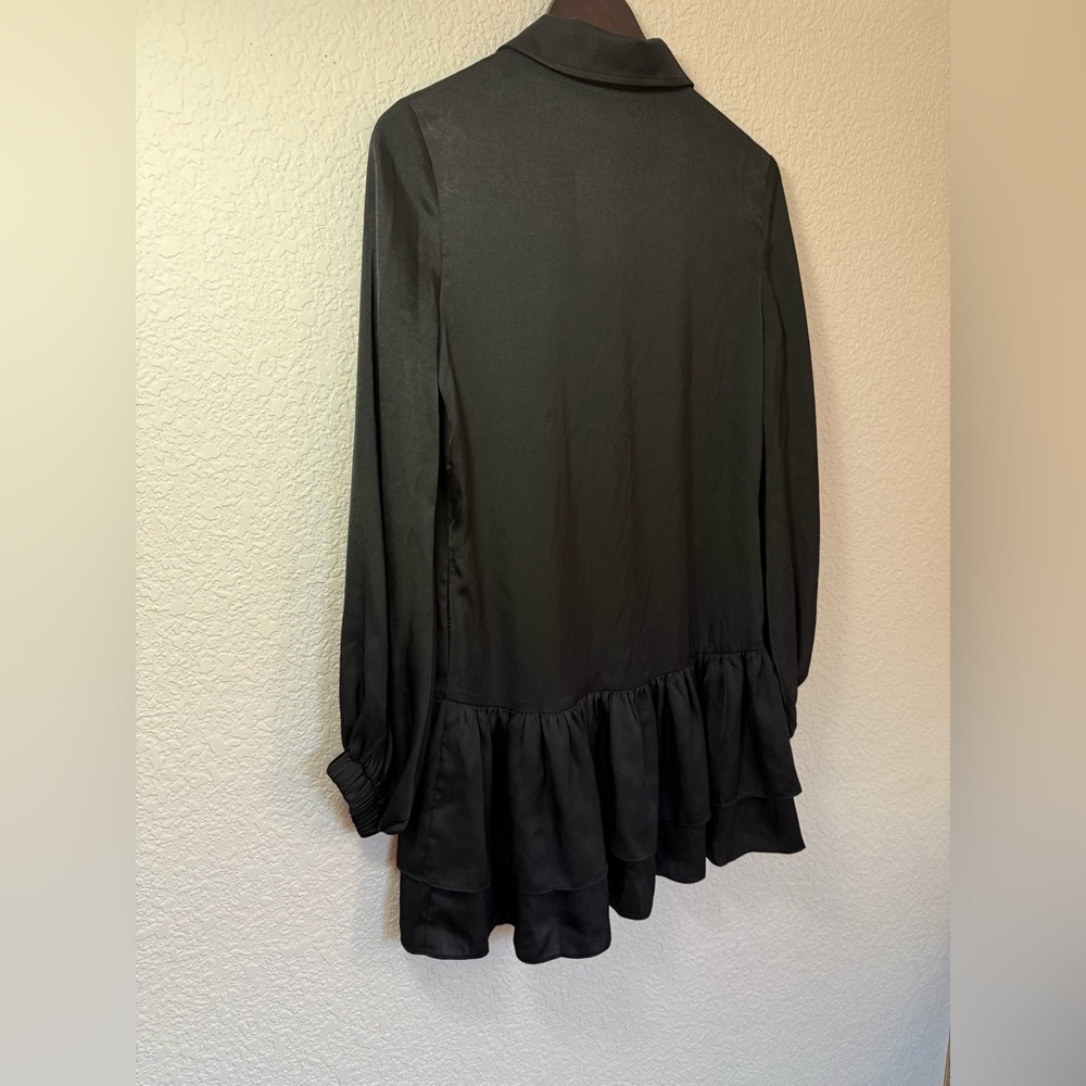 Uli Herzner Black Shirt Dress | Ruffle Hem| Silk Blend | Elegant Mini Dress - Picture 8 of 13
